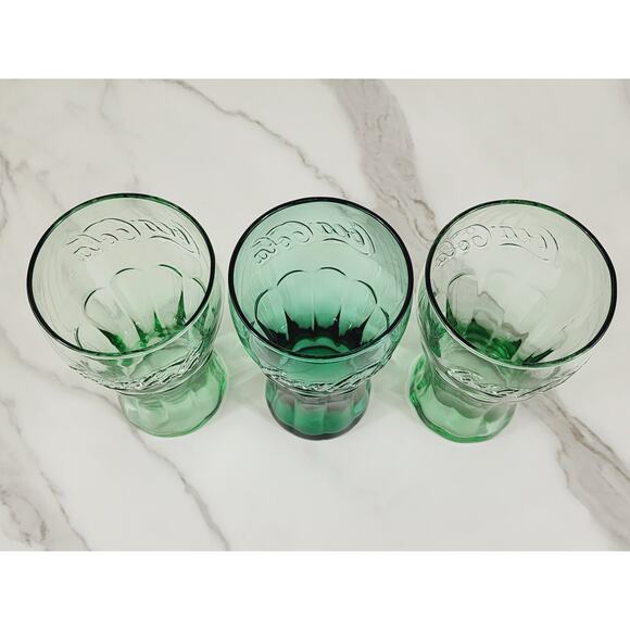 Coca Cola Libbey Drinking Glasses 17oz Embossed Logo 6" Retro Glass Green x3 - Picture 9 of 13